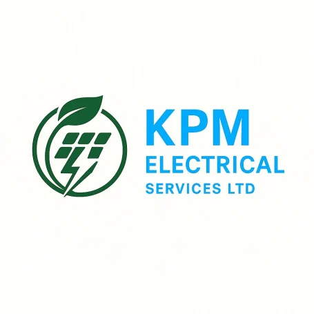 KPM Electrical Services logo featuring a modern design with electrical elements and the company name prominently displayed.